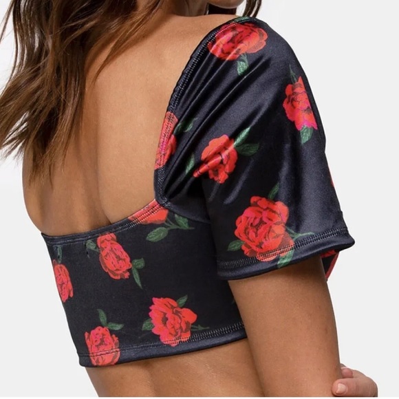 MOTEL ROCKS Yoona Crop Top Black Floral Satin Stretch Rose Size Small UK 10 - Picture 2 of 9